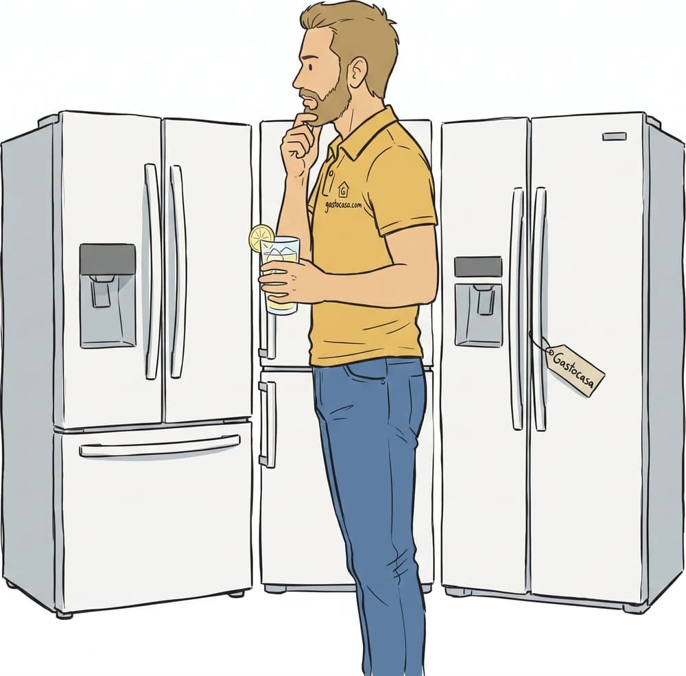 Una persona con un vaso de agua compara tres frigoríficos americanos puestos en fila