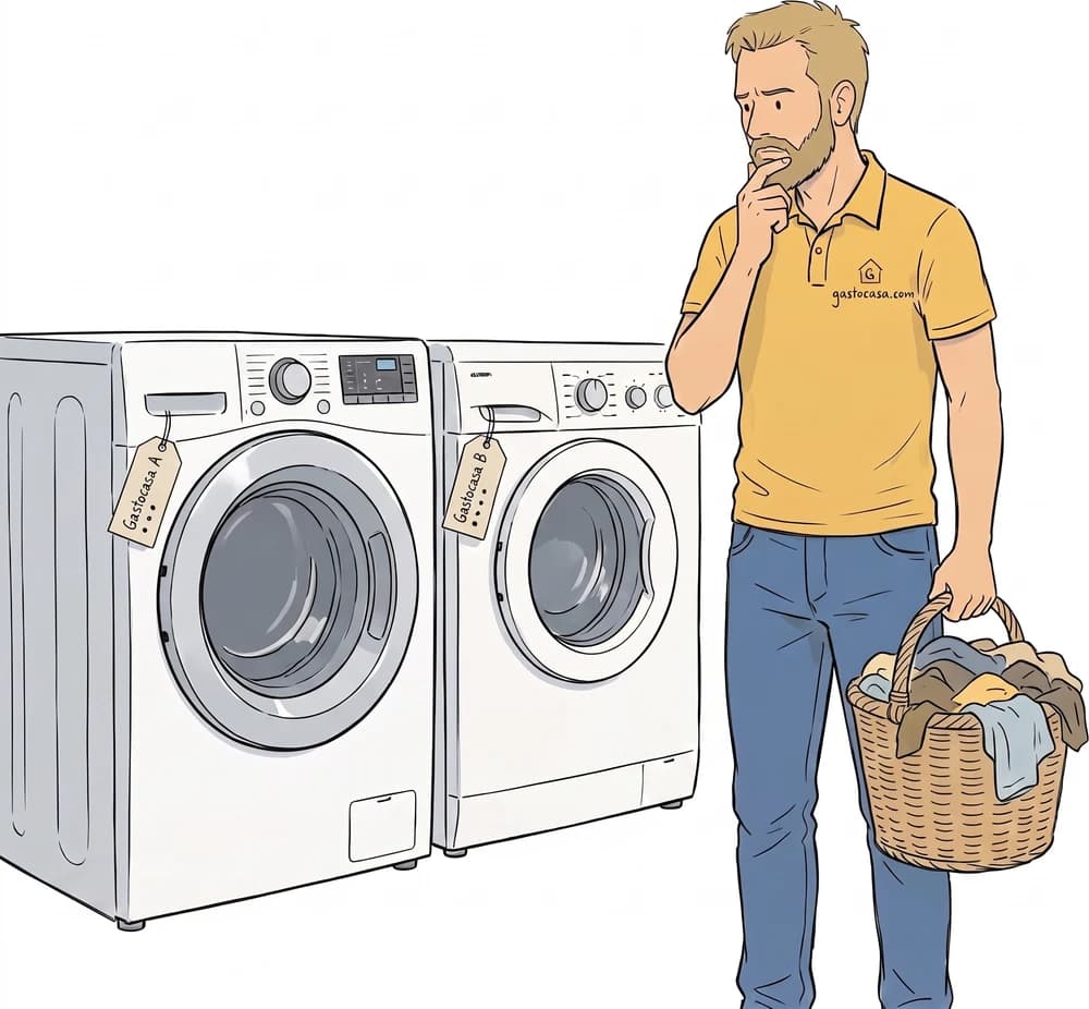 Una persona con un cesto de ropa duda delante de dos lavadoras etiquetadas A y B