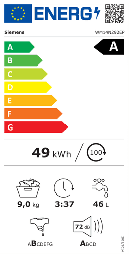 Etiqueta energética oficial de Siemens WM14N292EP