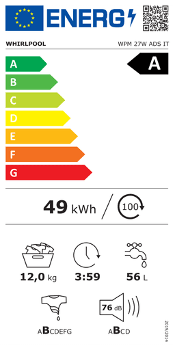 Etiqueta energética oficial de Whirlpool WPM 27W ADS IT